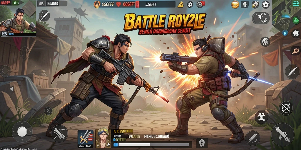 Tangkapan layar gameplay penuh aksi dalam 666FF Battle Royale.