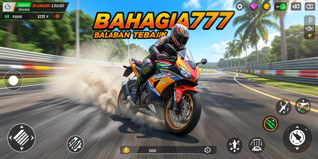 Tampilan gameplay seru di BAHAGIA777 dengan aksi balap motor cepat.