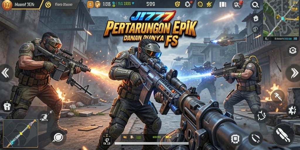 Tampilan gameplay JT777 yang penuh aksi dalam pertempuran FPS.