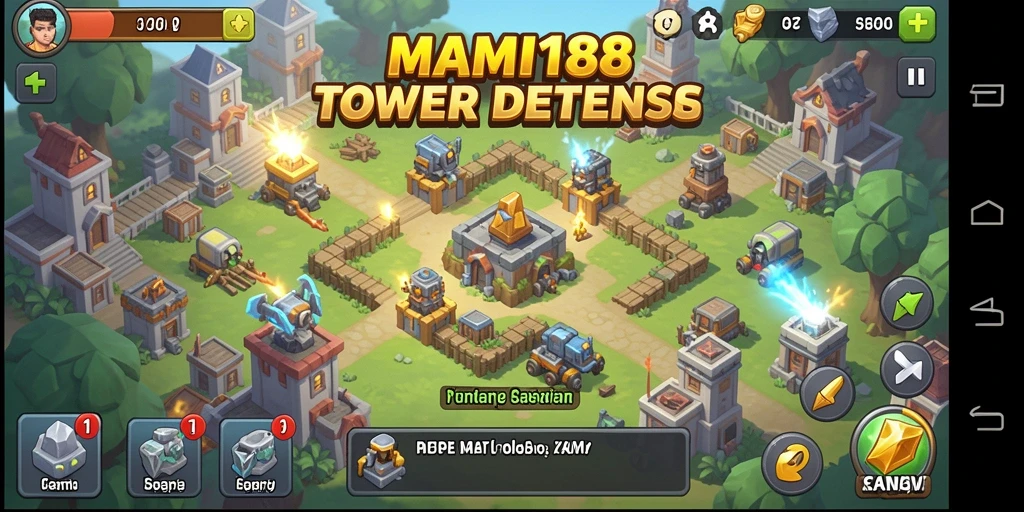 Tangkapan layar gameplay MAMI188 yang menampilkan strategi Tower Defense.