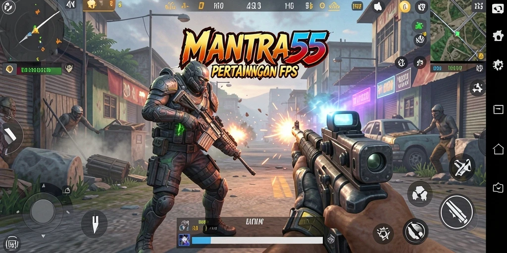 Gameplay seru MANTRA55 dengan aksi tembak-menembak intens.